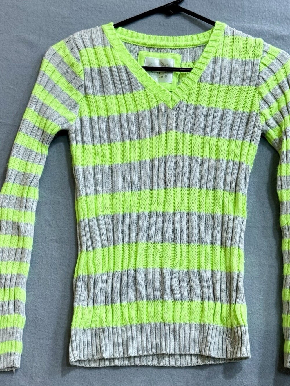 Justice Girls 14 Neon Green Gray Striped Ribbed V Neck Pullover Sweater